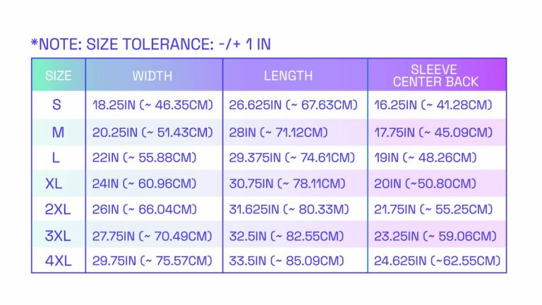 T-shirt comfort Colors Size Guide