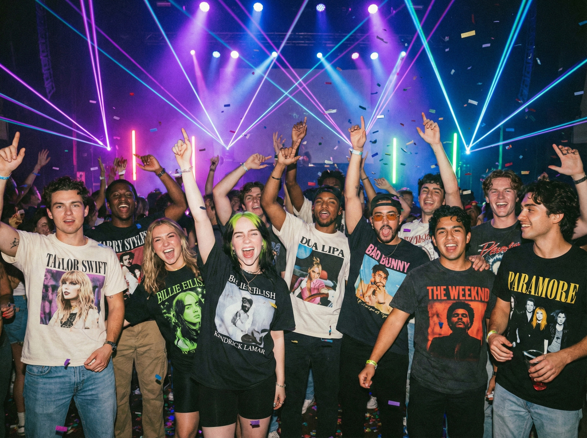 Group of young fans wearing MUSIHA concert merchandise at live show