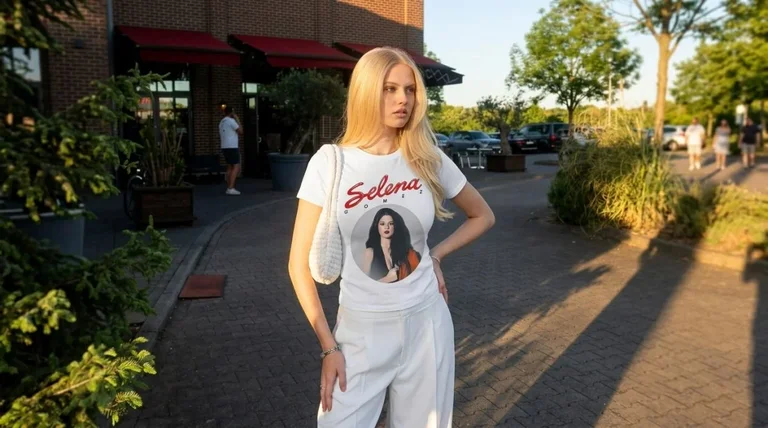 Selena Gomez Iconic Red Script Portrait Piece Tee